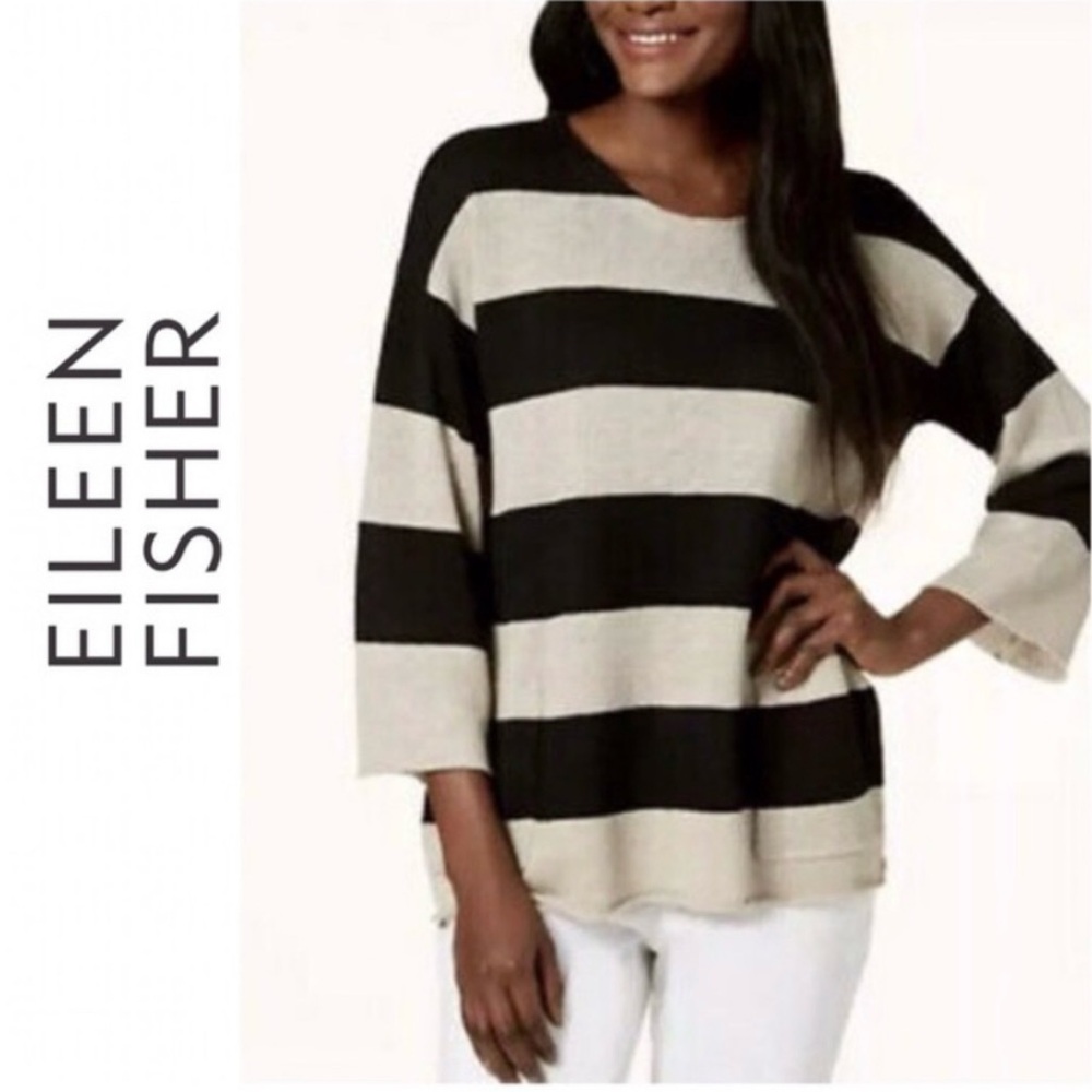 Eileen Fisher Bold Black and Cream Striped Organic Linen Sweater Size Medium